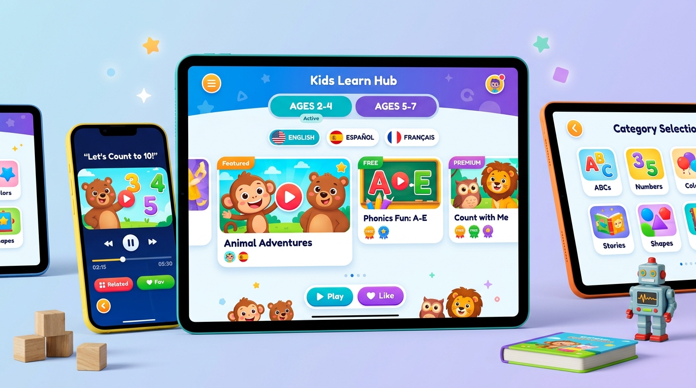 E-Learning Mobile App Interface, Multilingual Support & Video Player